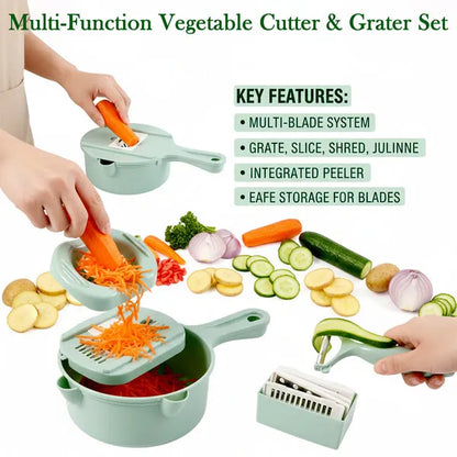 Multi-Function Vegetable Cutter & Grater Set | 8-in-1 Kitchen Slicer, Chopper & Drain Basket for Fruits & Vegetables