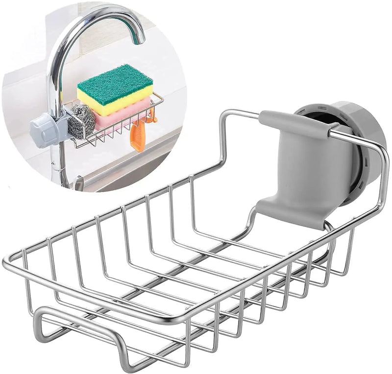 2 Pcs Kitchen Sink Organizer Shelf with 3 Non-Scratch Dish Wash Cloths | Stainless Steel Wash Basin Storage Rack for Kitchen Sink
