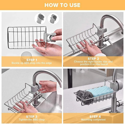 2 Pcs Kitchen Sink Organizer Shelf with 3 Non-Scratch Dish Wash Cloths | Stainless Steel Wash Basin Storage Rack for Kitchen Sink