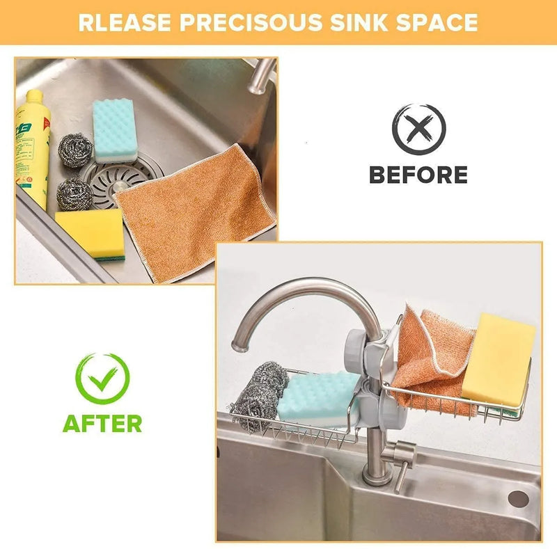 2 Pcs Kitchen Sink Organizer Shelf with 3 Non-Scratch Dish Wash Cloths | Stainless Steel Wash Basin Storage Rack for Kitchen Sink
