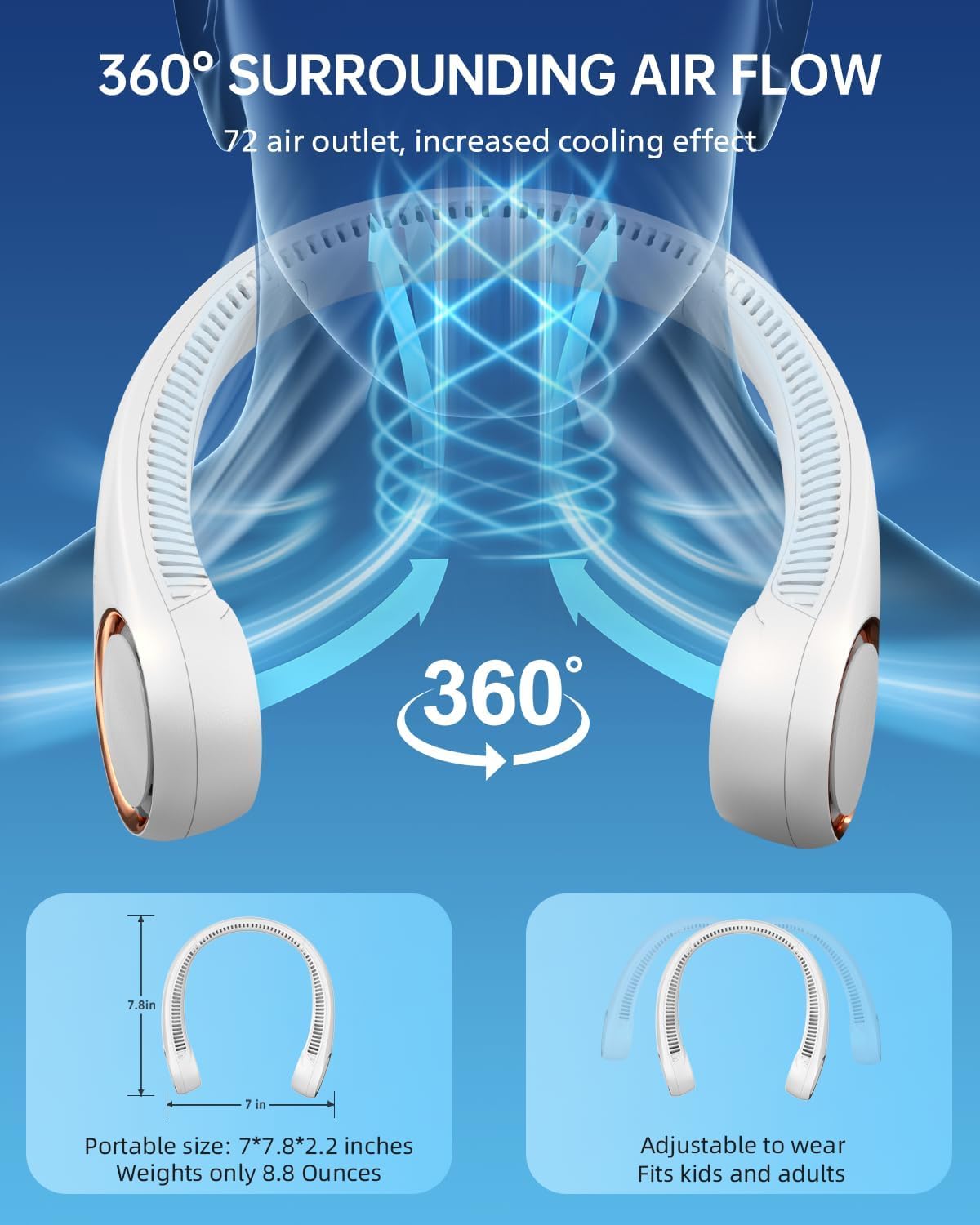 USB Charging Battery Operated Portable Rechargeable Personal Neck Fan |  Bladeless Neck Cooling Fan with Strong Airflow, Wearable Cooling Fan