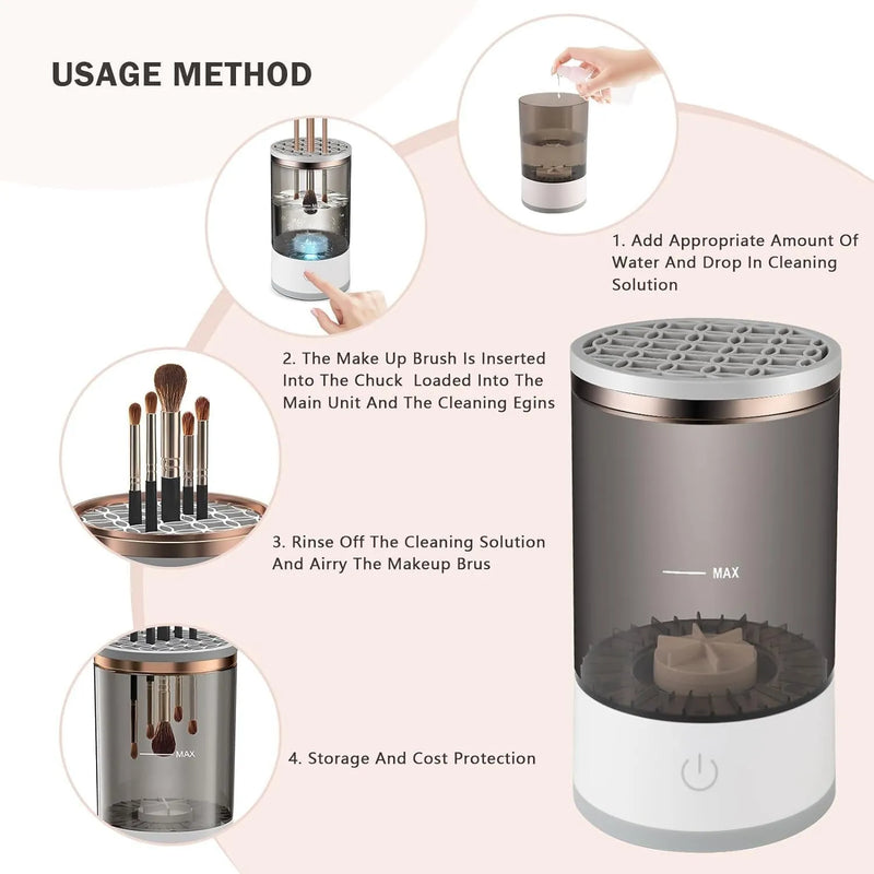 Electric Makeup Brush Cleaner Machine | Automatic Brush Washing & Drying Device | USB Rechargeable with Multi-Brush Holder