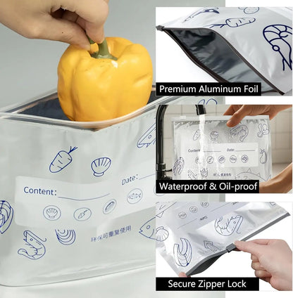 Reusable Aluminum Foil Storage Bags | Zip Lock Food Storage Pouches with Label Area for Fruits, Vegetables & Snacks