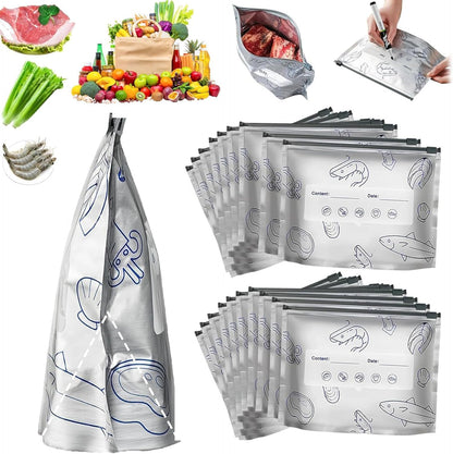 Reusable Aluminum Foil Storage Bags | Zip Lock Food Storage Pouches with Label Area for Fruits, Vegetables & Snacks