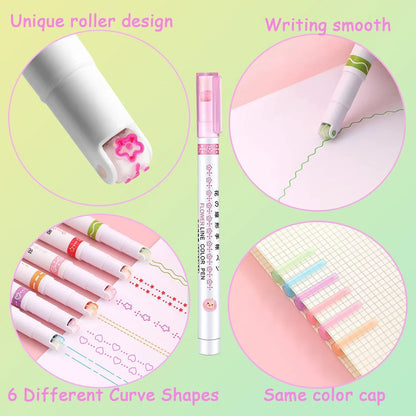 Curved Roller Highlighter Pens – Pattern Line Marker Pens for Notes, Journaling, Scrapbooking & Kids Drawing