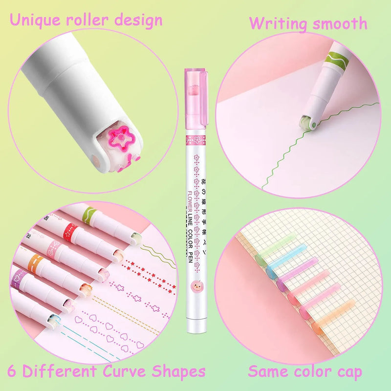 Curved Roller Highlighter Pens – Pattern Line Marker Pens for Notes, Journaling, Scrapbooking & Kids Drawing