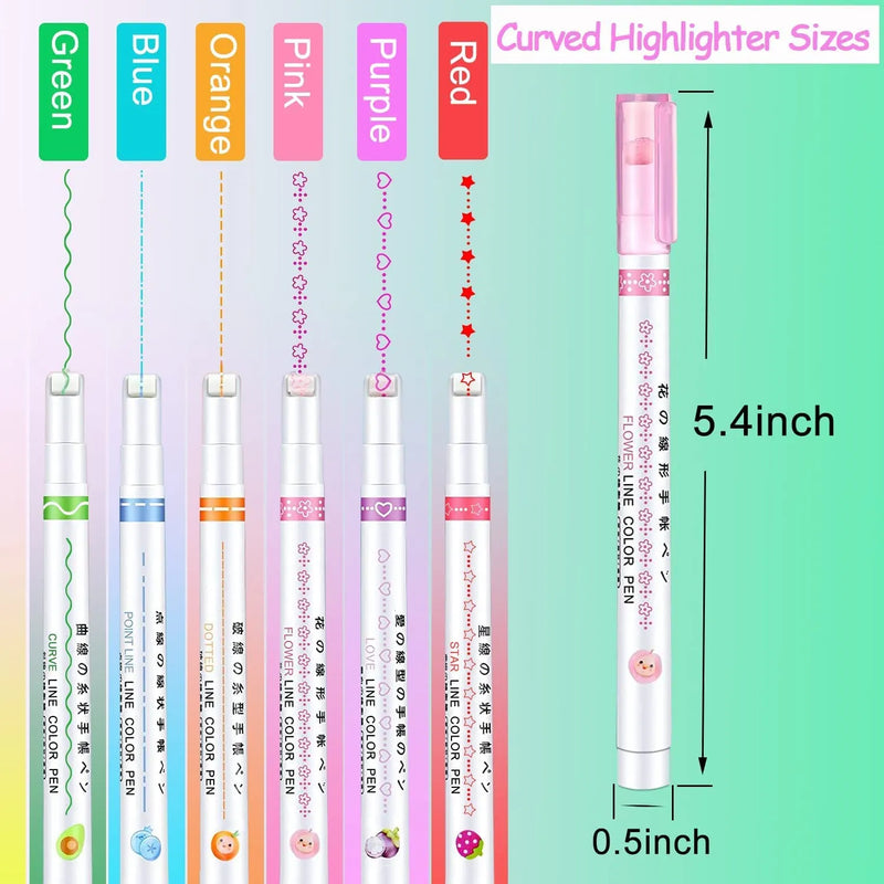Curved Roller Highlighter Pens – Pattern Line Marker Pens for Notes, Journaling, Scrapbooking & Kids Drawing