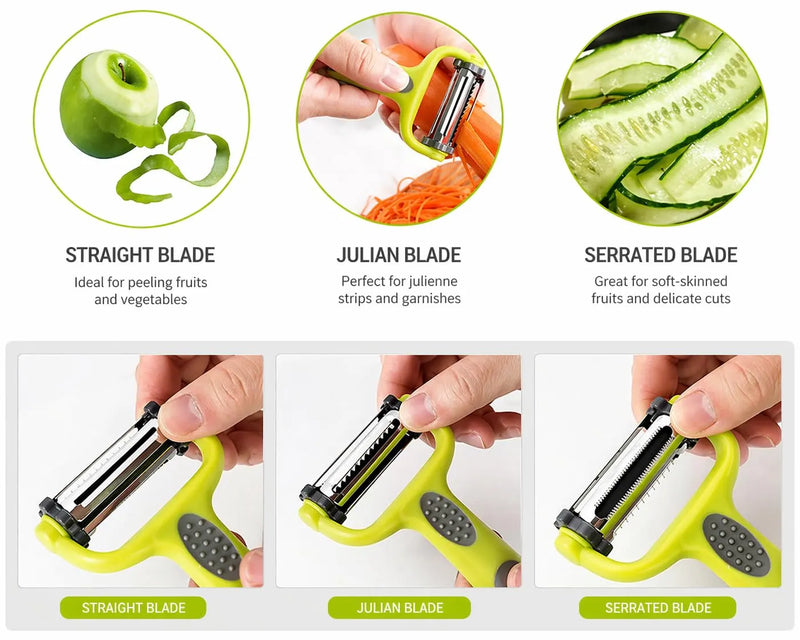 3-in-1 Rotary Multi-Functional Peeler | Vegetable & Fruit Peeler with 3 Interchangeable Blades
