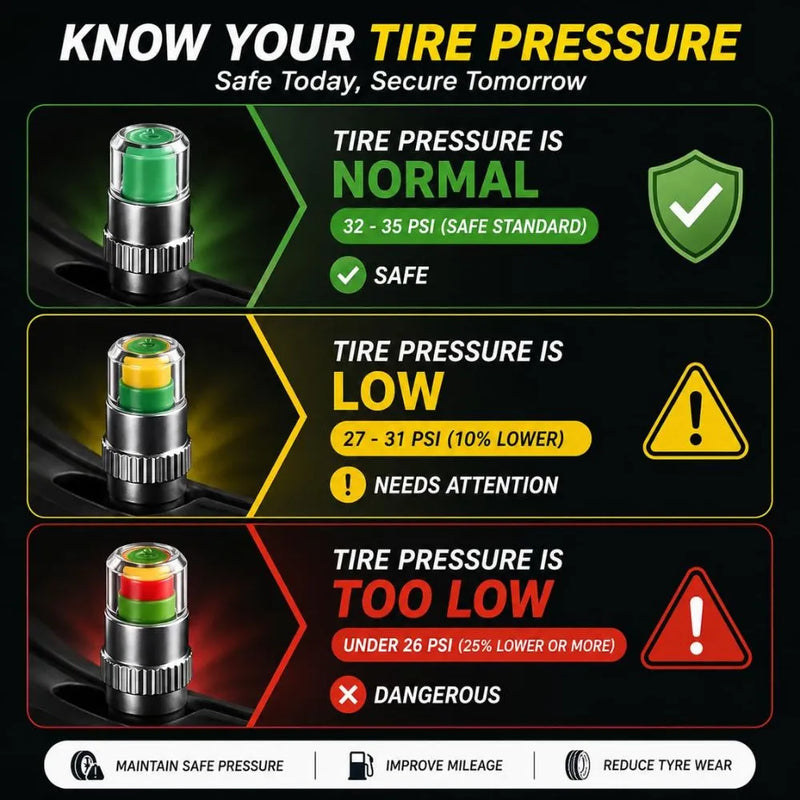 Car Tyre Pressure Indicator Valve Caps (2.4 Bar / 36 PSI)
