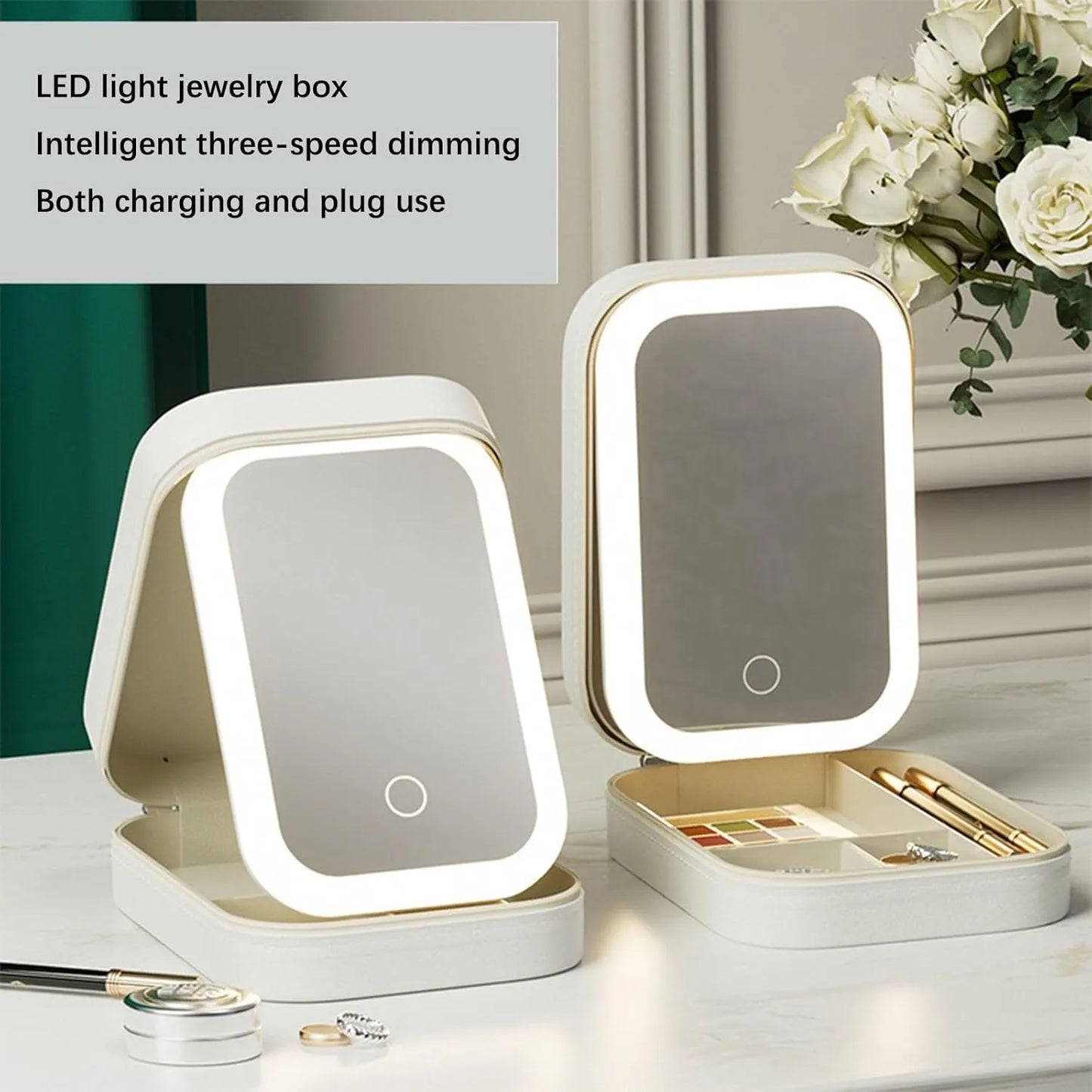 Portable Multi-Functional Travel Cosmetic Organizer with LED Mirror USB Rechargeable for Women & Girls