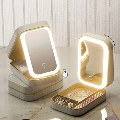 Portable Multi-Functional Travel Cosmetic Organizer with LED Mirror USB Rechargeable for Women & Girls