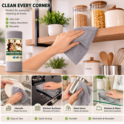 Reusable Microfiber Cleaning Towel Roll – Tear-Off Multi-Purpose Cleaning Cloths
