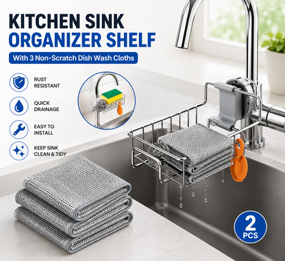 2 Pcs Kitchen Sink Organizer Shelf with 3 Non-Scratch Dish Wash Cloths | Stainless Steel Wash Basin Storage Rack for Kitchen Sink