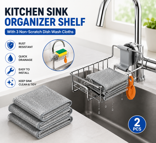 2 Pcs Kitchen Sink Organizer Shelf with 3 Non-Scratch Dish Wash Cloths | Stainless Steel Wash Basin Storage Rack for Kitchen Sink