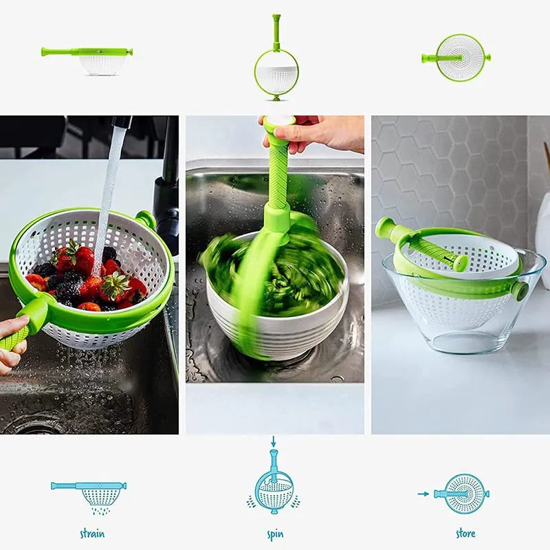 Salad Spinner & Vegetable Drain Basket – Manual Lettuce Dryer with Collapsible Handle for Washing & Drying Vegetables