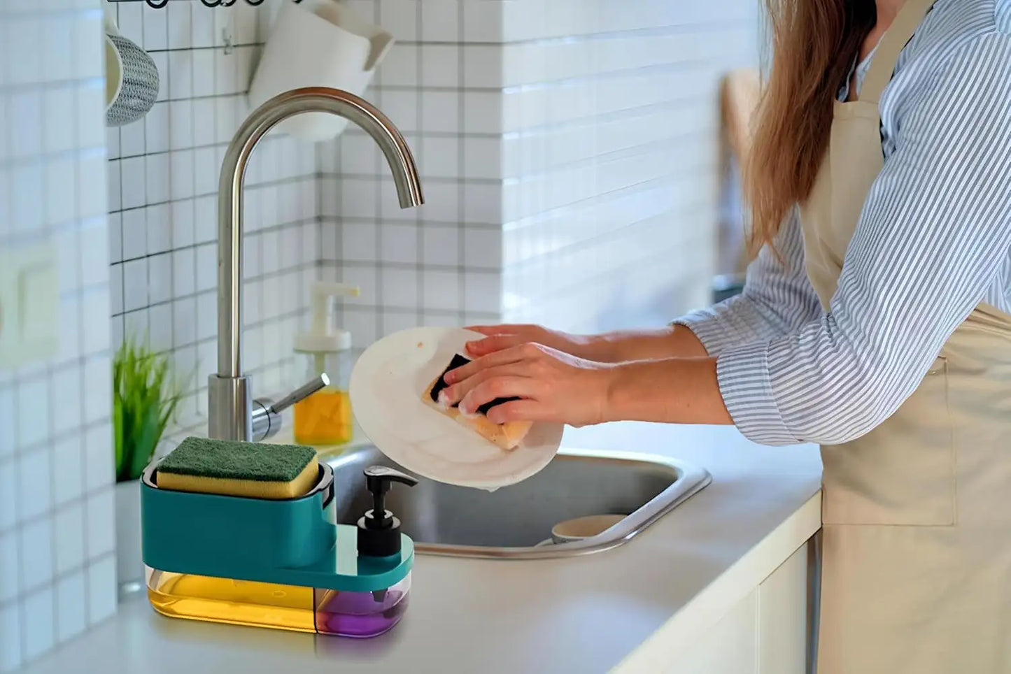 3 in 1 Dish Soap Pump Dispenser with Sponge Holder | Clay & Plastic Kitchen Sink Organizer | Liquid Soap Dispenser