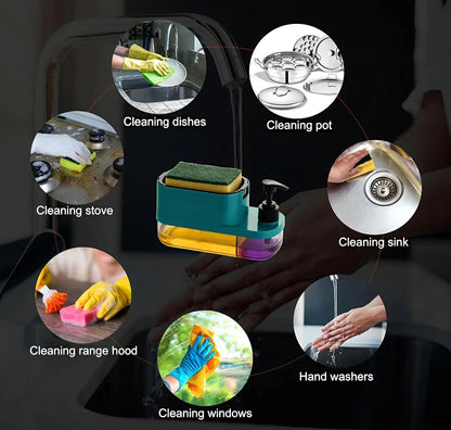 3 in 1 Dish Soap Pump Dispenser with Sponge Holder | Clay & Plastic Kitchen Sink Organizer | Liquid Soap Dispenser