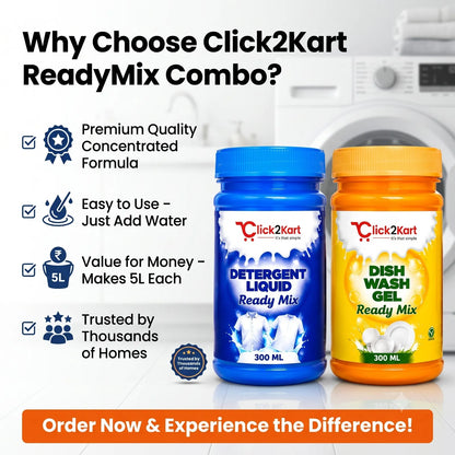 Premium ReadyMix Combo – Detergent Liquid & Dishwash Gel Concentrate | 200 ML Each